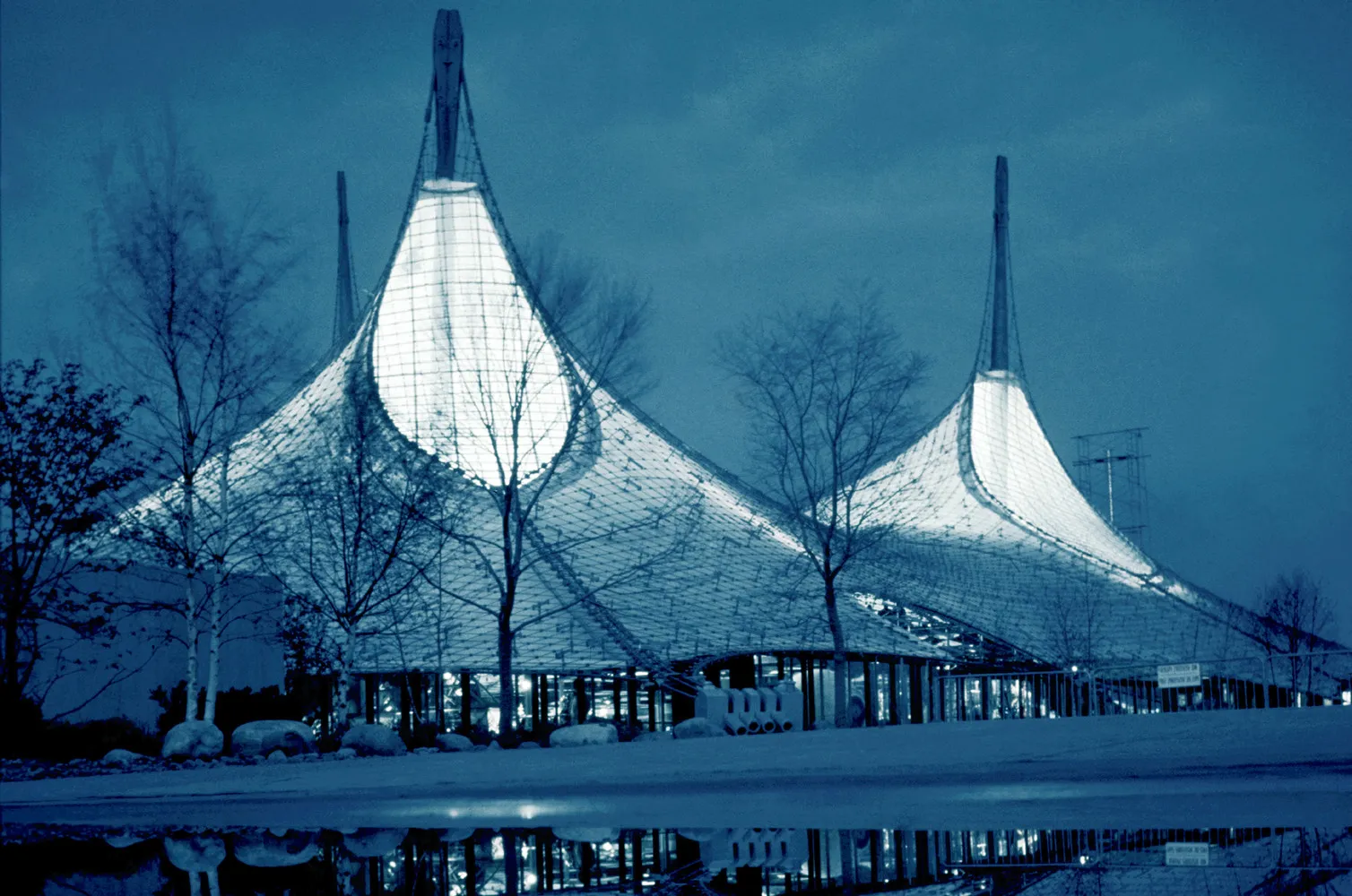 Nighttime photo of the German pavilion for Expo 67