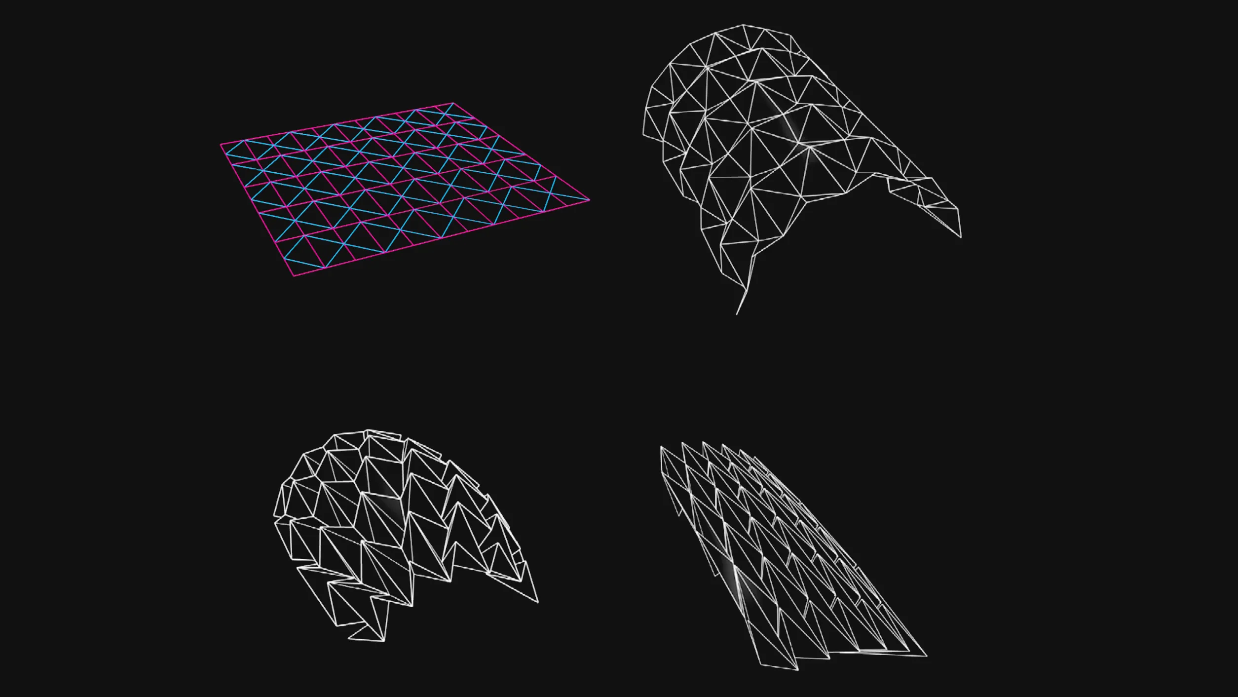 A flat, squared mesh on the left, a folded cylinder-like origami on the center, and an over-folded origami on the right.