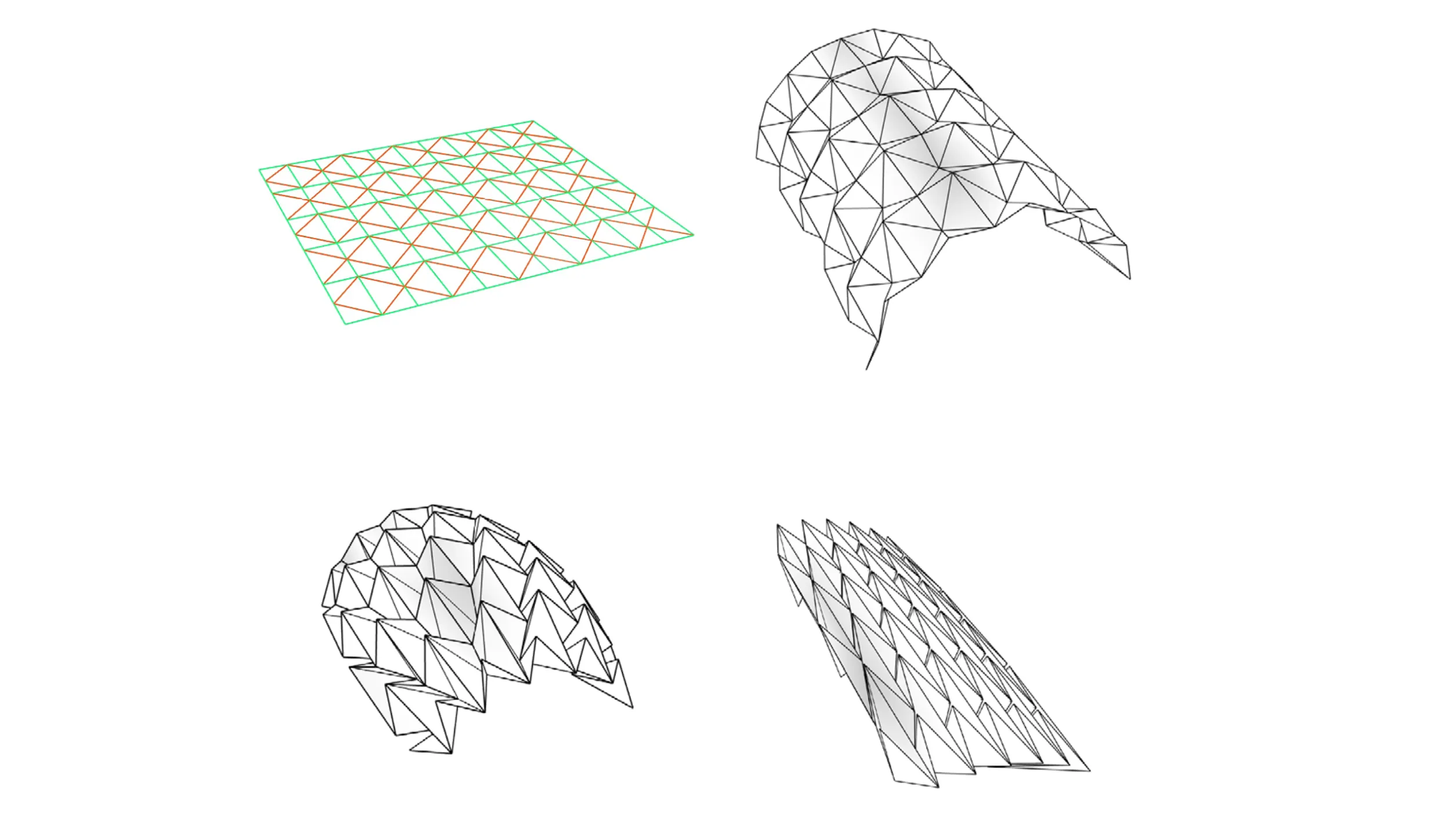 A flat, squared mesh on the left, a folded cylinder-like origami on the center, and an over-folded origami on the right.