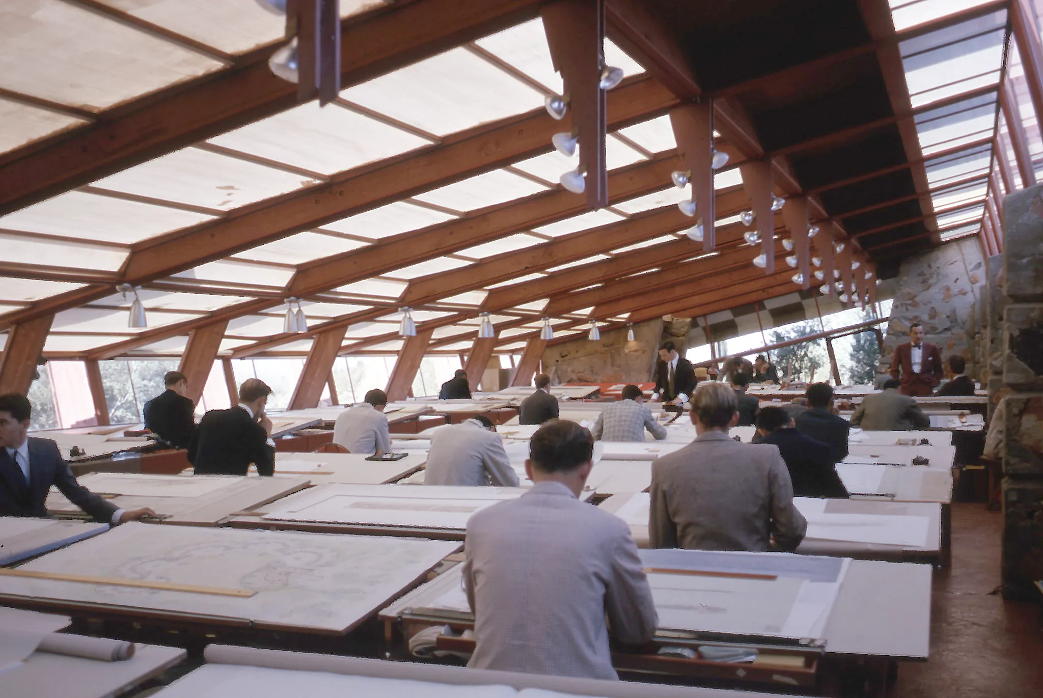 Frank Lloyd Wright drafting studio at Taliesin West in 1965.
