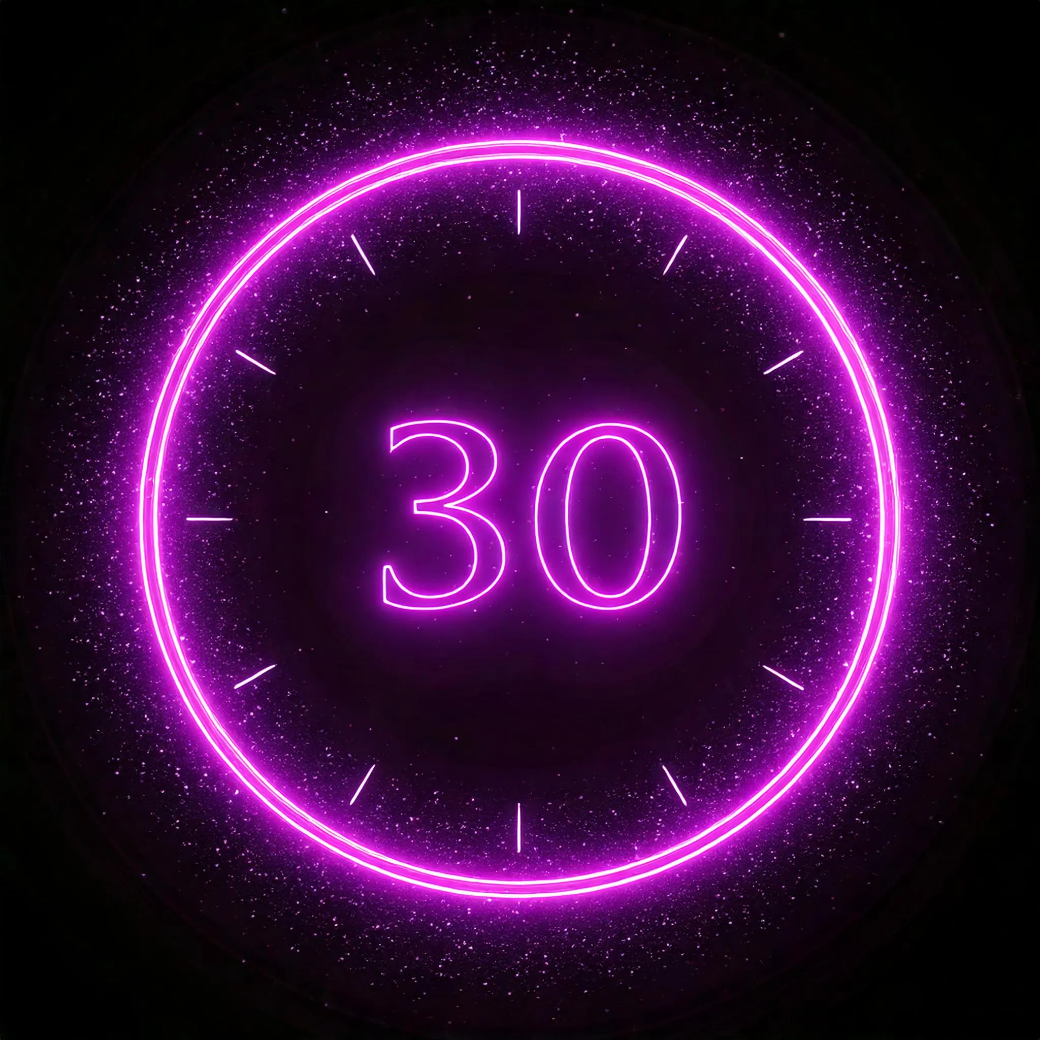 A clock in neon with a big 30 in the middle.