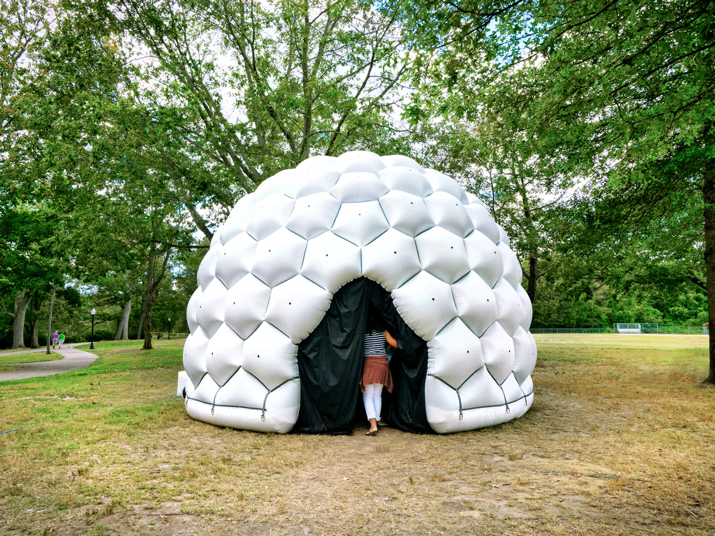 The Compound Camera is an immersive dome made of 109 inflatable pinhole cameras that each cast a live projection of the surrounding environment