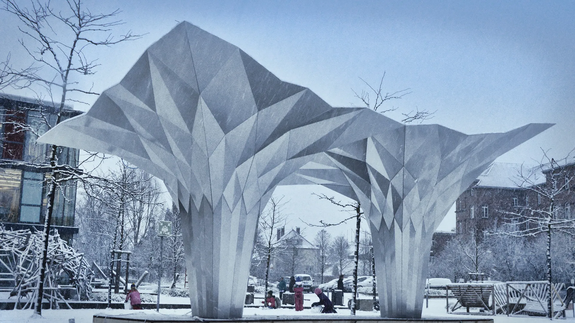 Origami pavilion developed by Tal Friedman Architecture & Design and composed of folded aluminum sheets.
